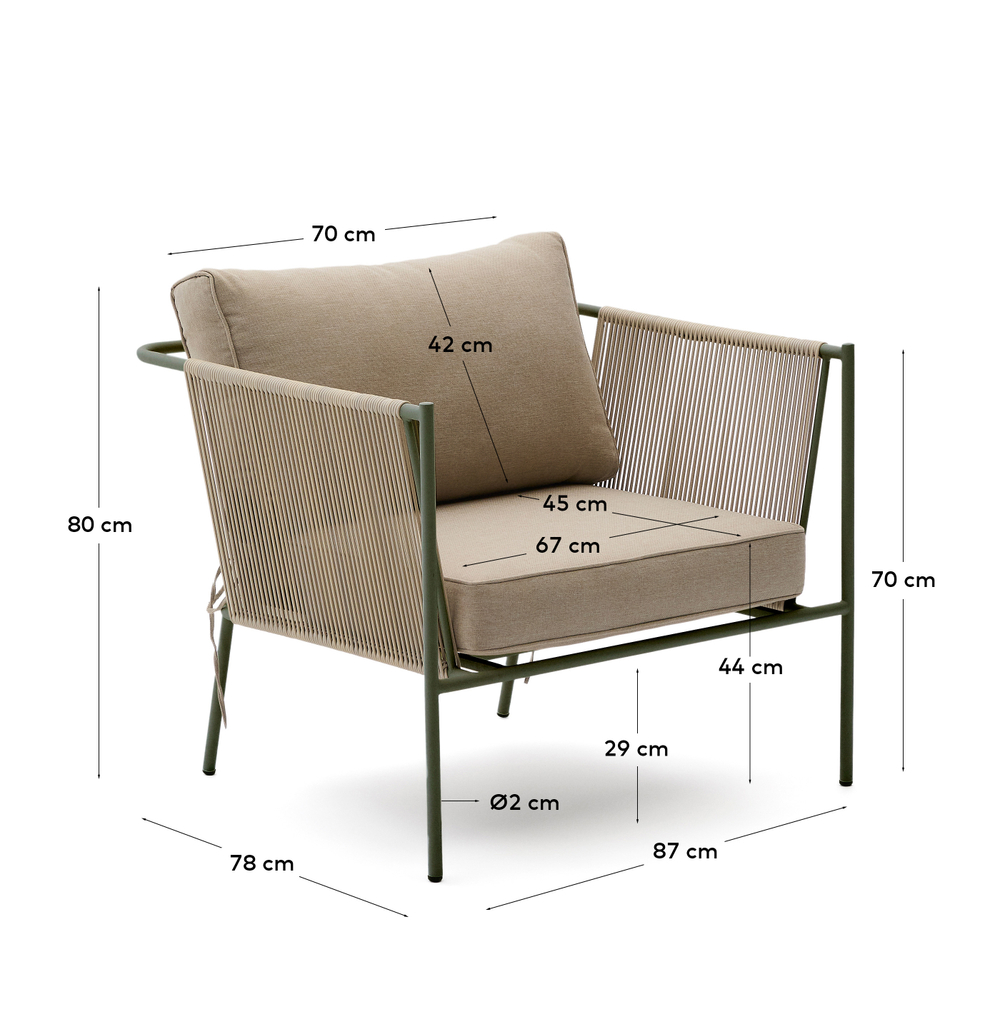 Уличное кресло Zivia из веревки цвета экрю и стали зеленого цвета