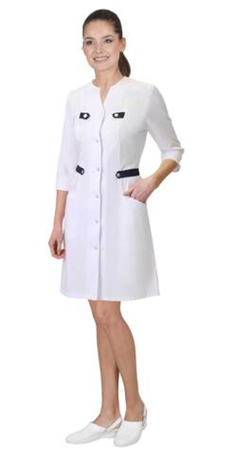 Халат "БРАЙТЛИ" женский белый с синим, тк.Твил стрейч