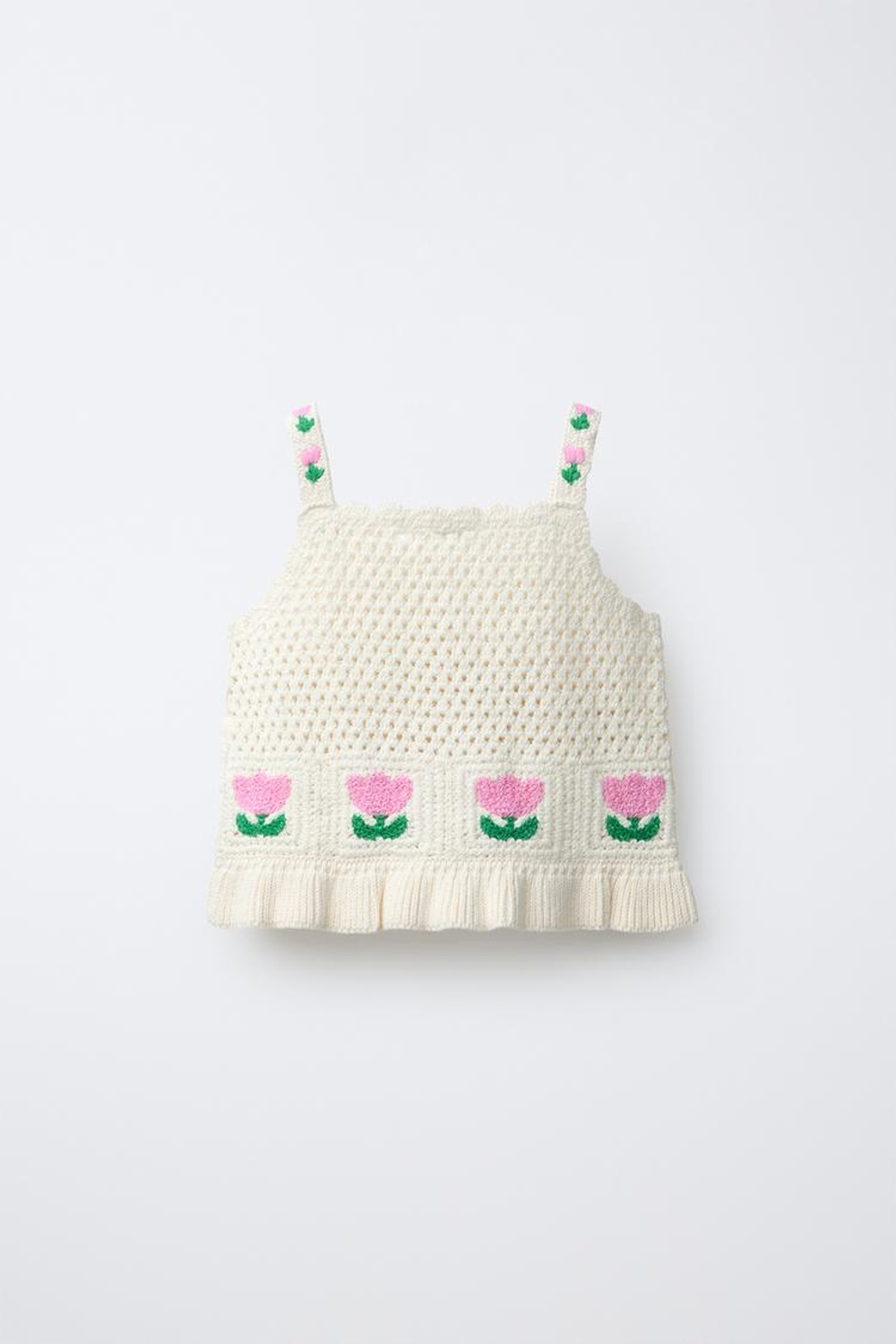 ZARA ТОП ИЗ КРУЖЕВА КРОШЕ С ЦВЕТОЧНЫМ УЗОРОМ, ЭКРЮ