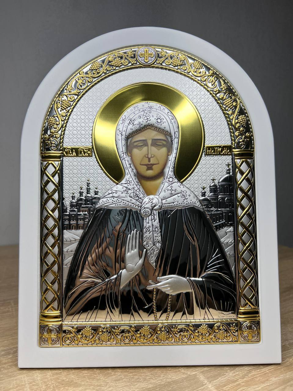 Матрона, икона арочная, белое дерево 206х275