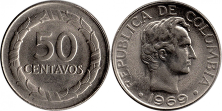 Колумбия 50 сентаво, 1967 - 1969 Франсиско де Паула Сантандер XF