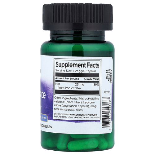 Swanson, Цитрат железа, активная форма, 25 мг, 60 растительных капсул