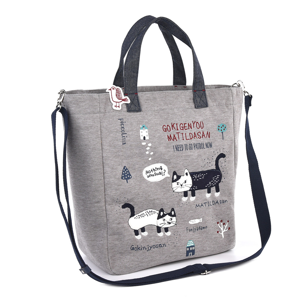 Тоут 2-в-1 с кошкой "MATILDAsan", c ремнем через плечо, на молнии, серый шелк, 23-6632-1, KUSUGURU