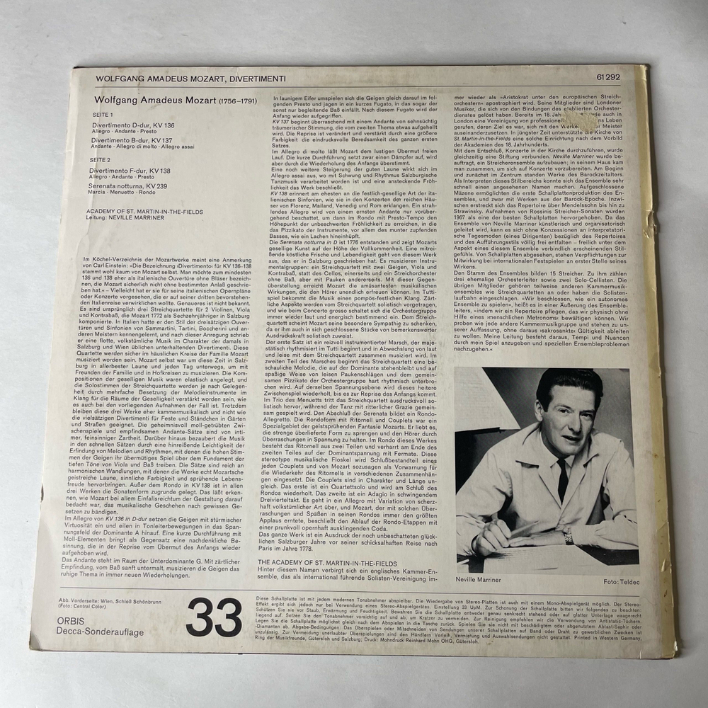 Винтажная виниловая пластинка LP W. A. Mozart, В. А. Моцарт, The Academy Of St. Martin in the Fields, Sir Neville Marriner, Divertimenti KV 136 137 138 Serenata notturna KV 239 (Германия 1978)