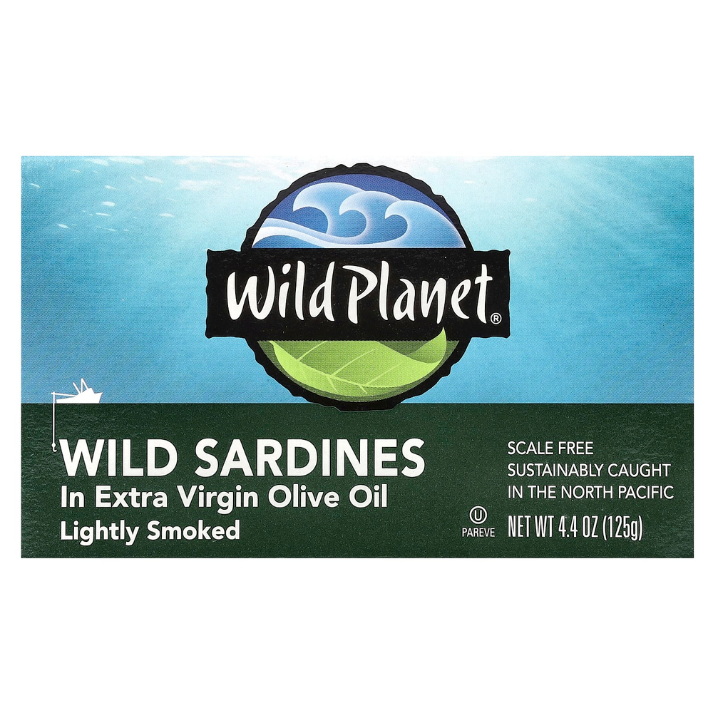 Wild Planet, Сардины, выловленные в диких условиях, в оливковом масле первого отжима, Слегка подкопченные, 4,4 унц. (125 г)