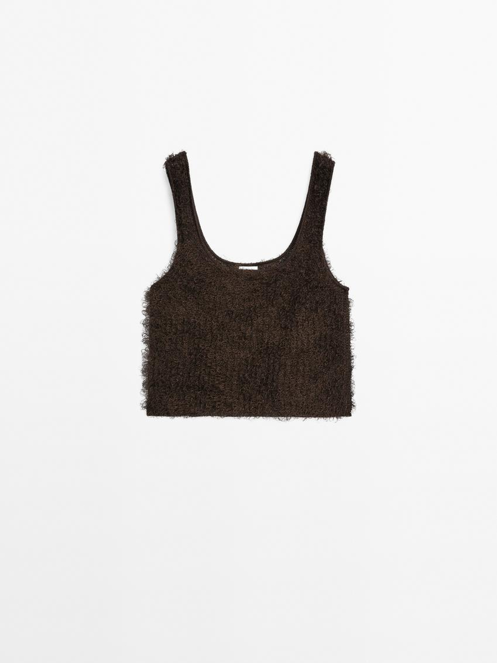 Massimo Dutti Топ из пряжи букле, шоколадно-коричневый