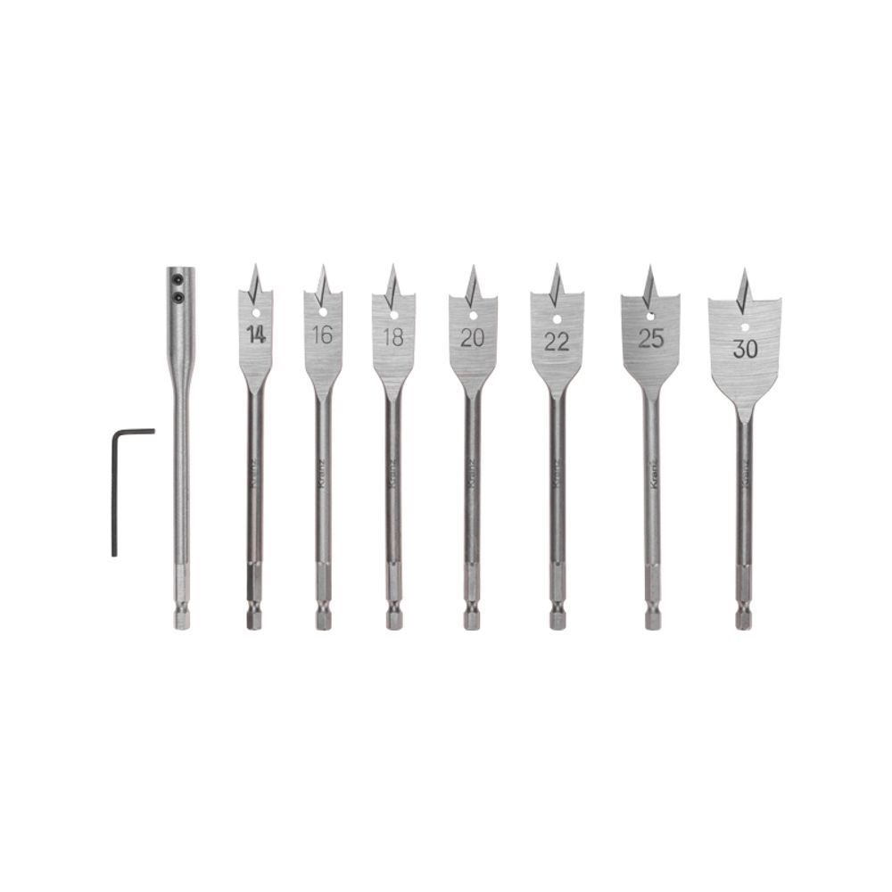 Набор сверл перовых по дереву 9 предметов: 14-16-18-20-22-25-30х152 мм, удлинитель, ключ угловой KRA