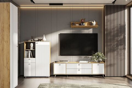 Модульная стенка в гостиную со шкафом Дуб Золотой/Белый Матовый 270х41х128 см