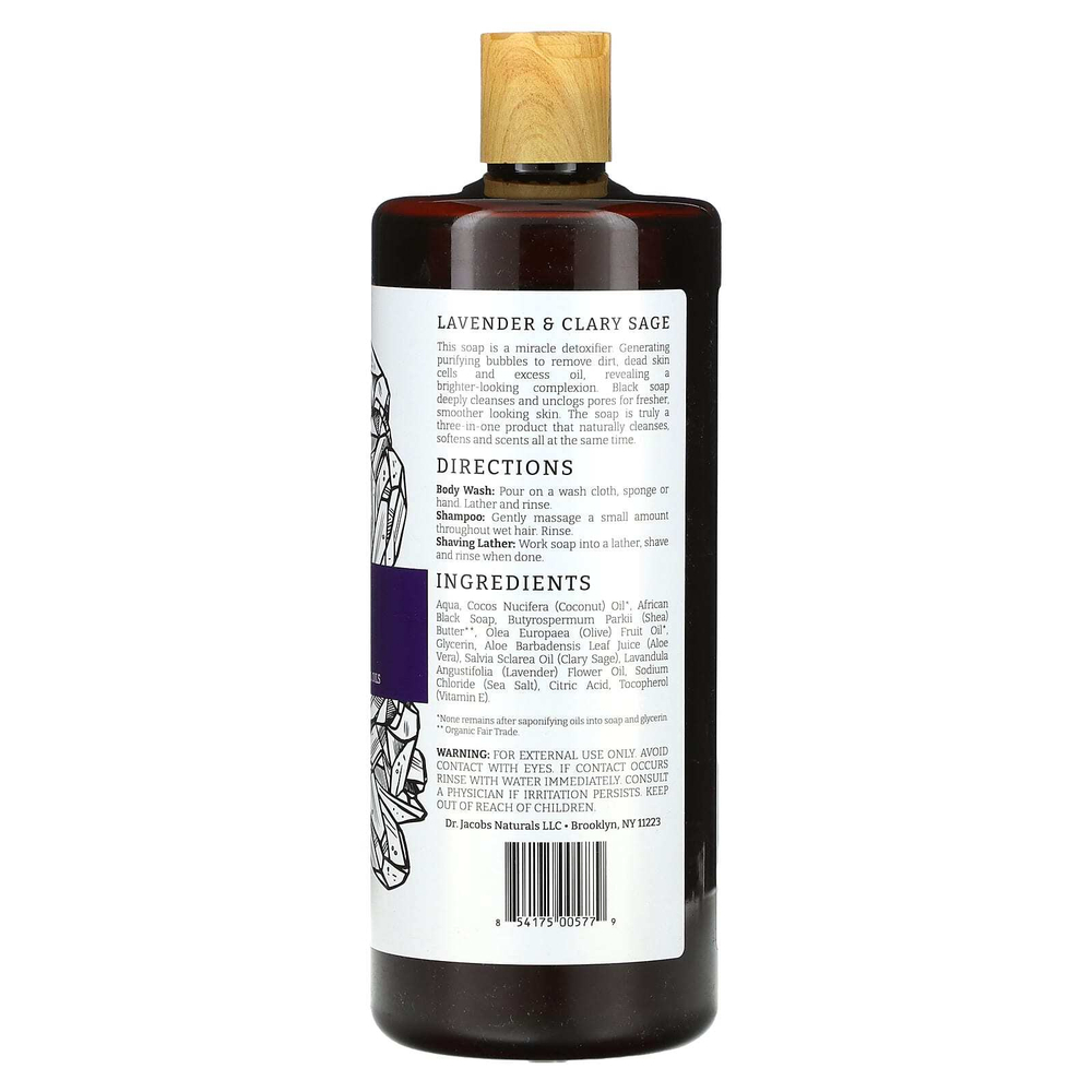 Dr. Jacobs Naturals, Африканское черное мыло для душа на растительной основе, эфирные масла лаванды и мускатного шалфея, 946 мл (32 унции)