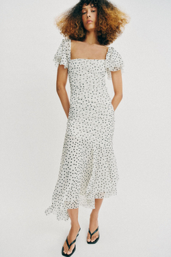 ZARA ПЛАТЬЕ МИДИ В ГОРОШЕК, БЕЛЫЙ/ЧЕРНЫЙ