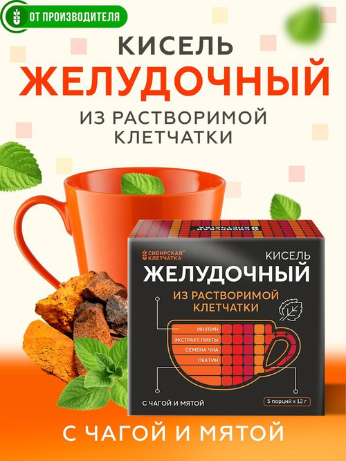 Кисель "Желудочный"  с чагой и мятой / 5 пак х 12 гр / ТМ Сибирская клетчатка