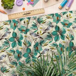 Ткань габардин бирюзовые цветы с птицами