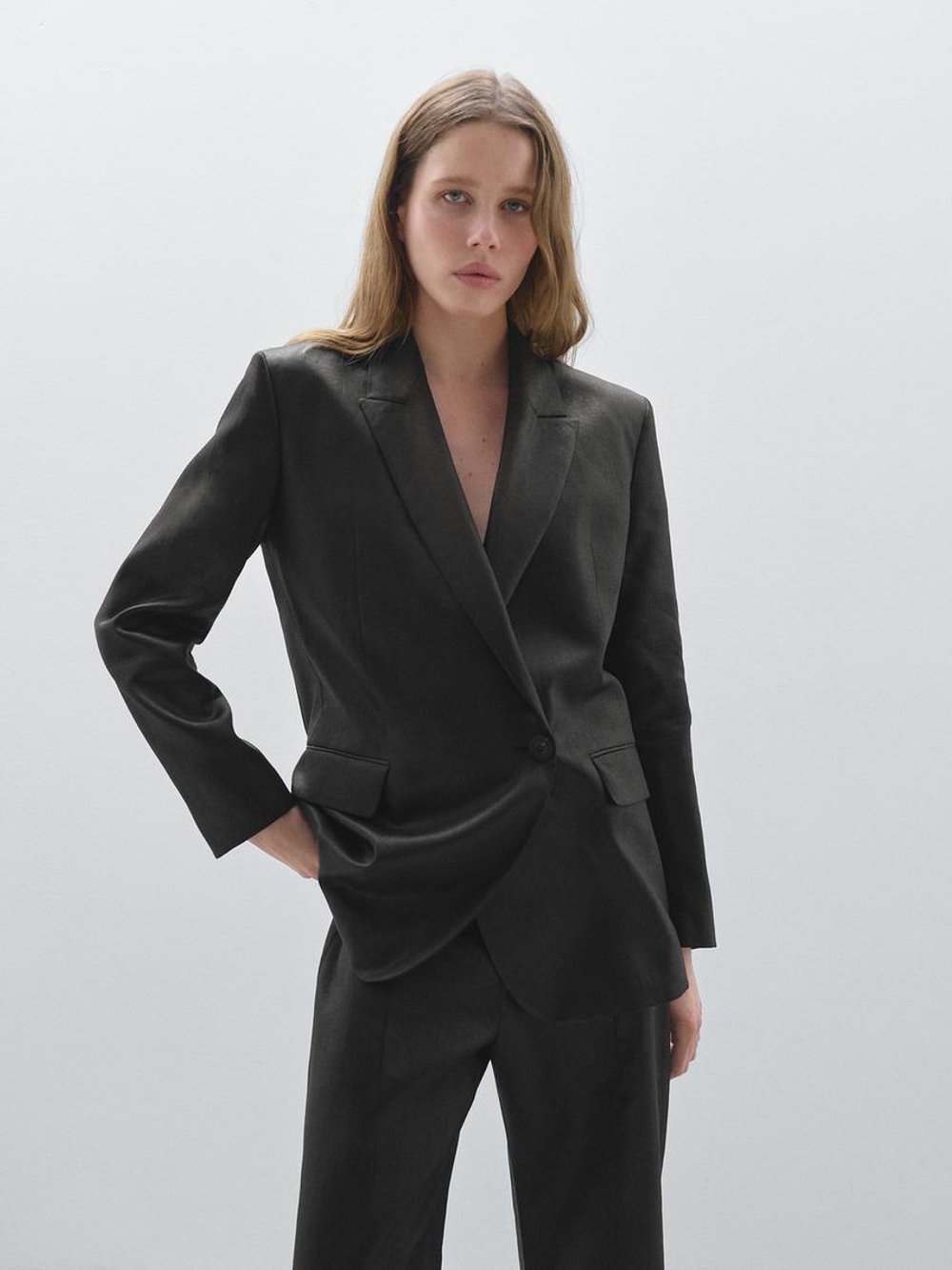 Massimo Dutti Двубортный пиджак из 100% льна, черный