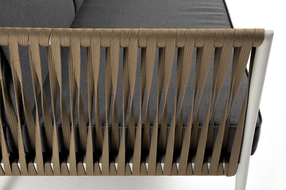 "Касабланка" диван 3-местный плетеный из роупа, каркас алюминий светло-серый (RAL7035) муар, роуп серо-коричневый 23мм, ткань серая 017