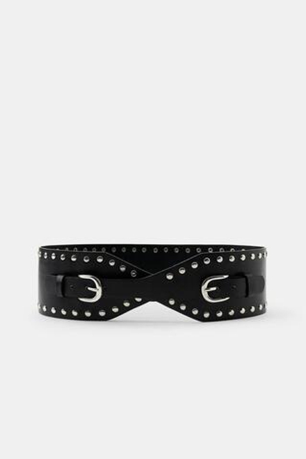 ZARA КОЖАНЫЙ РЕМЕНЬ-КОРСЕТ С ЗАКЛЕПКАМИ, ЧЕРНЫЙ