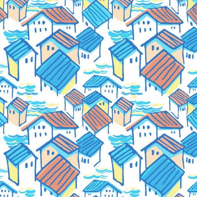 Городок у моря (голубой и терракота)