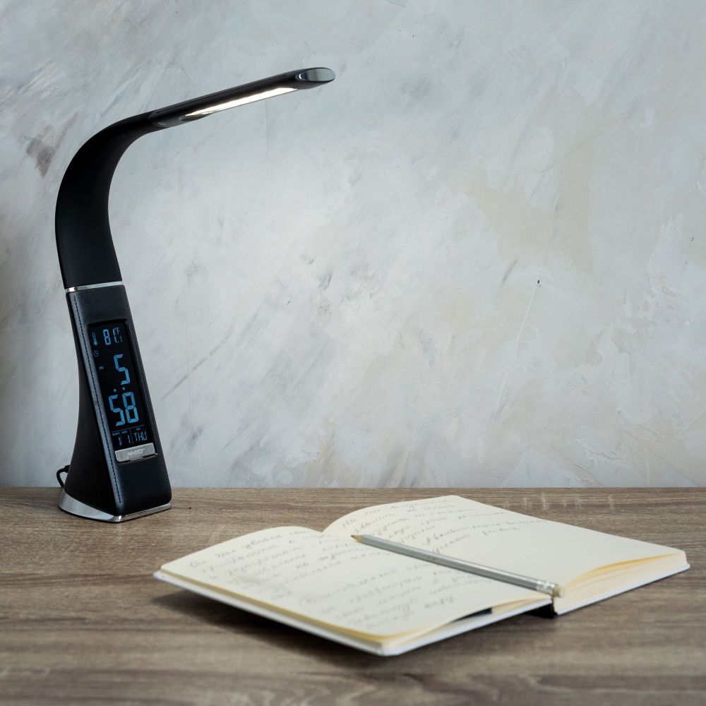 TLD-542 Black-LED-300Lm-5000K-Dimmer Светильник настольный c часами. календарем. термометром. 5W. Сенсорный выключатель. Черный стилизован под кожу. TM Uniel.