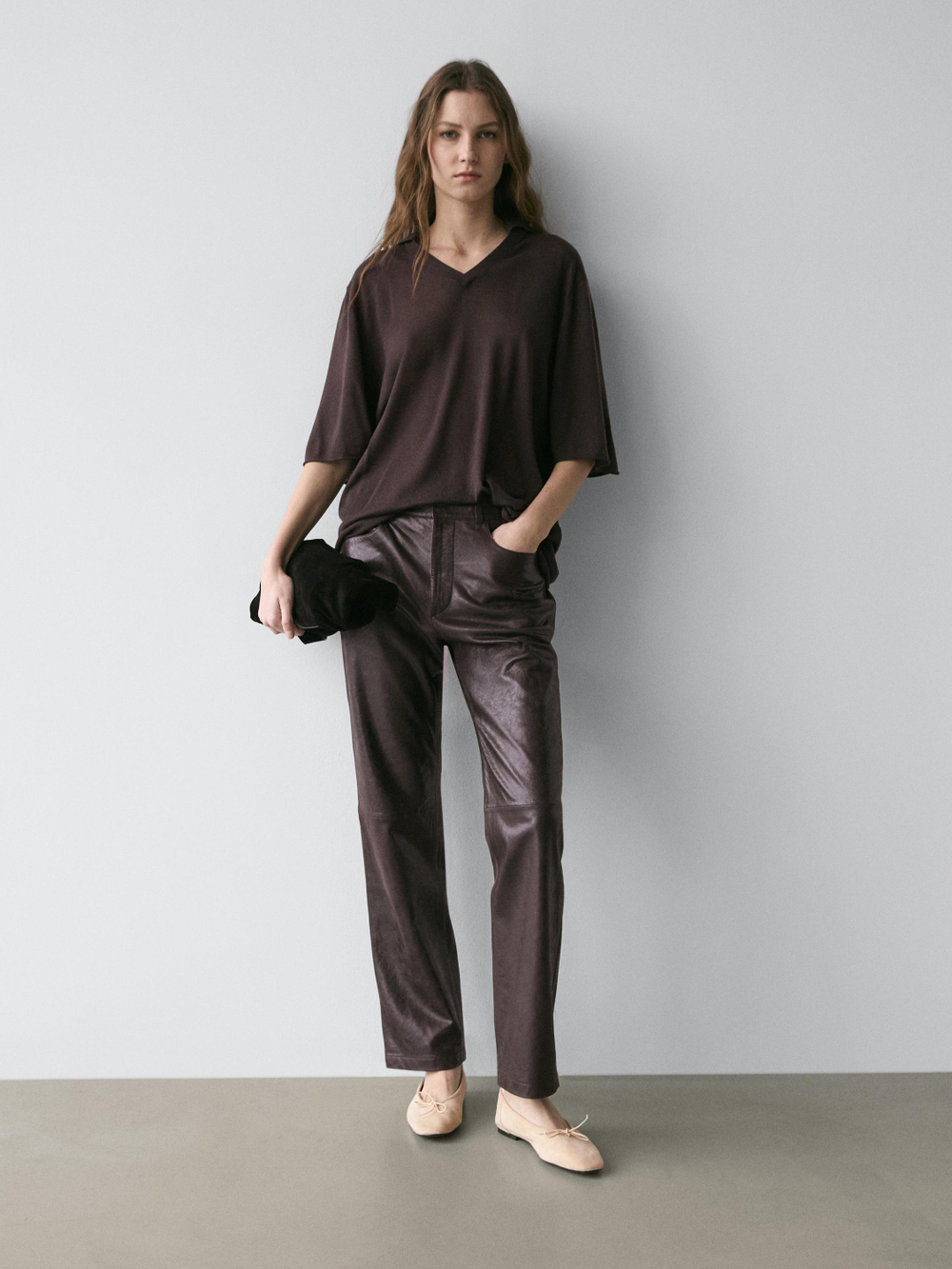 Massimo Dutti Свитер оверсайз из смесовой шерсти и шелка, коричневый