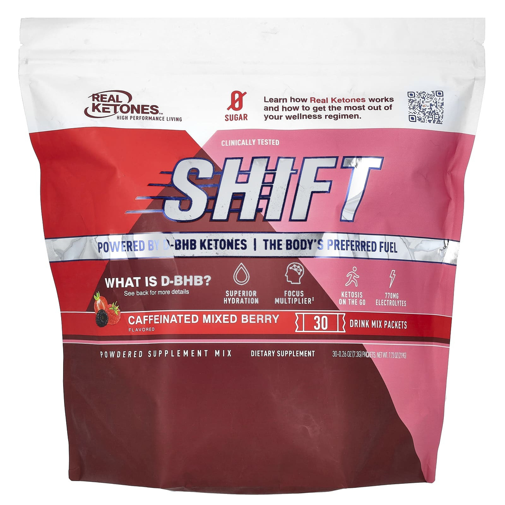 Real Ketones, Shift, ягодное ассорти с кофеином, 30 пакетиков по 7,3 г (0,26 унции) каждый