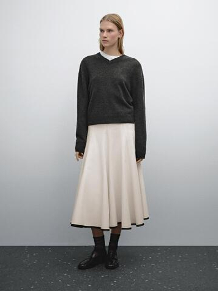 Massimo Dutti Юбка миди клеш с контрастной отделкой, кремовый