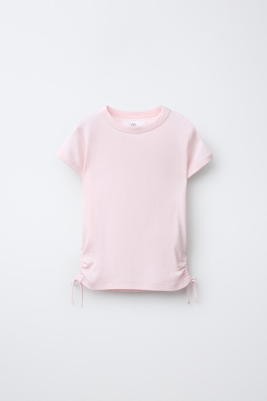 ZARA ФУТБОЛКА ИЗ МОДАЛА С ВЫРЕЗАМИ И БАНТАМИ, РОЗОВЫЙ