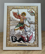 Георгий Победоносец, икона прямоугольная с рамкой, белое дерево, эмаль 185х235