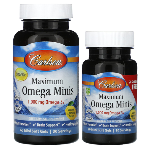 Carlson, Maximum Omega мини, натуральный лимон, 80 мини-капсул (500 мг в 1 капсуле)