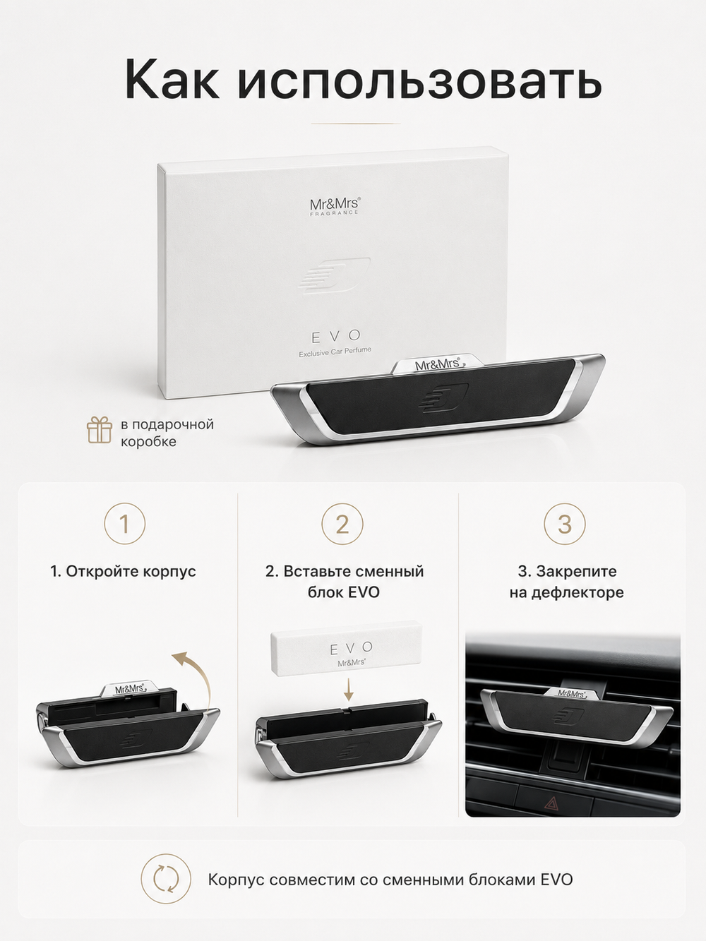 Mr&Mrs Fragrance Корпус ароматизатора для автомобиля EVO | МАТОВЫЙ ЧЕРНЫЙ в подарочной коробке