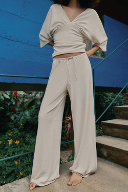 ZARA БРЮКИ ПАЛАЦЦО ИЗ ФАКТУРНОЙ ТКАНИ, ЭКРЮ