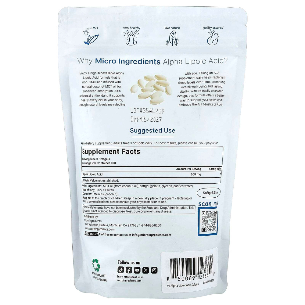 Micro Ingredients, альфа-липоевая кислота, 300 капсул (200 мг в 1 капсуле)