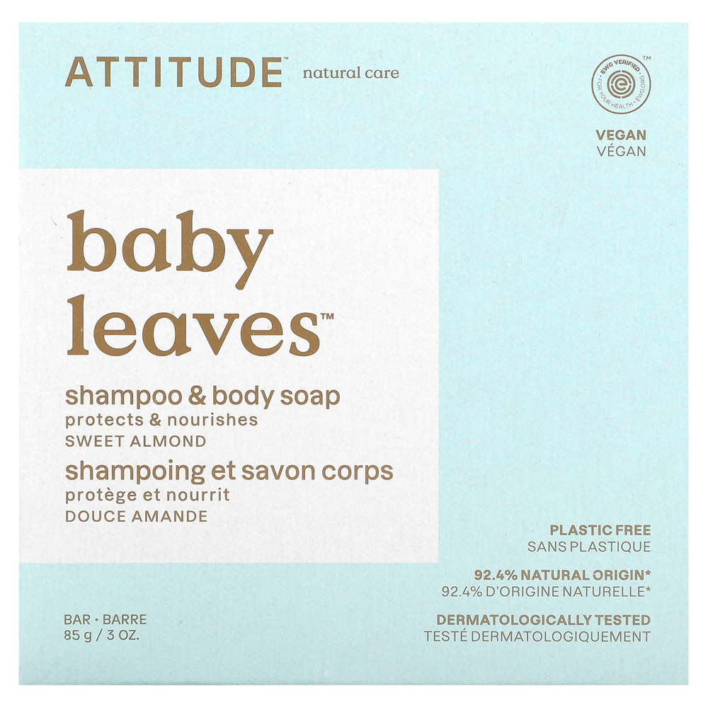 ATTITUDE, Baby Leaves™, шампунь и мыло для тела, сладкий миндаль, 85 г (3 унции)