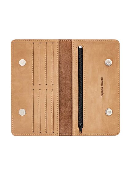 Фото функционального кошелька Карта мира из светло-коричневого нубука, развернутый вид без наполнения.