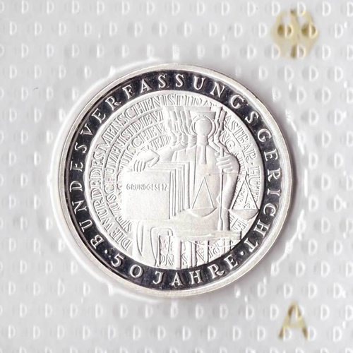 10 марок. 50 лет Федеральному конституционному суду (A). Серебро. 2001 г. PROOF. В родной запайке