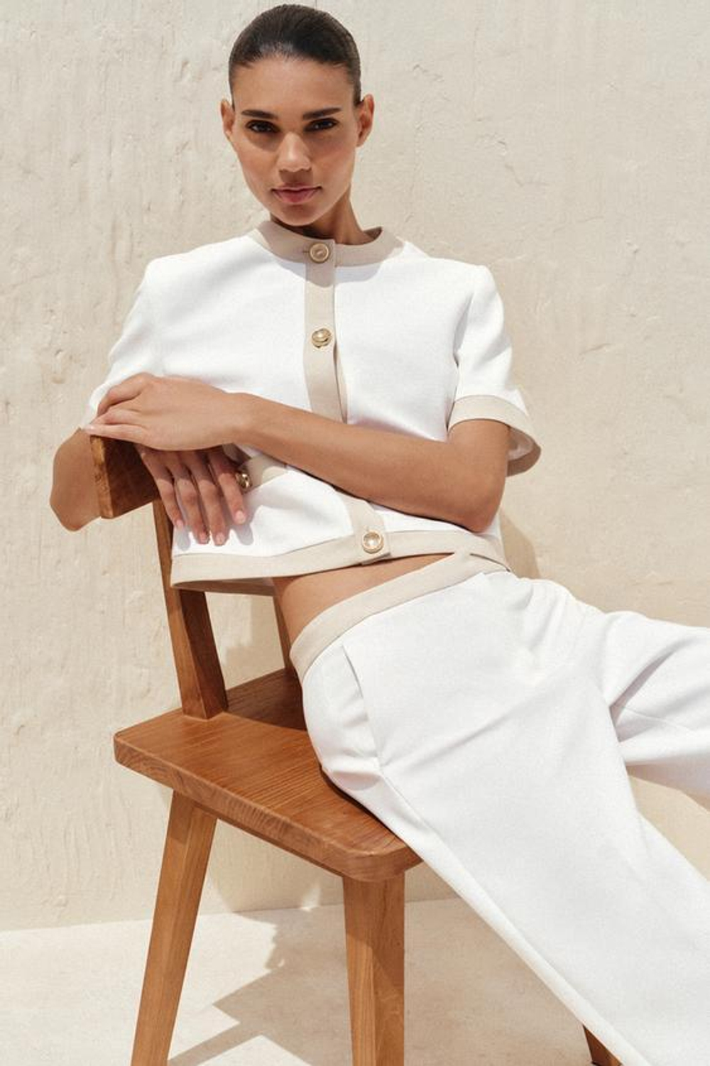 ZARA ПРЯМЫЕ БРЮКИ С КОМБИНИРОВАННЫМ ПОЯСОМ, ЖЕЛТОВАТО-БЕЛЫЙ