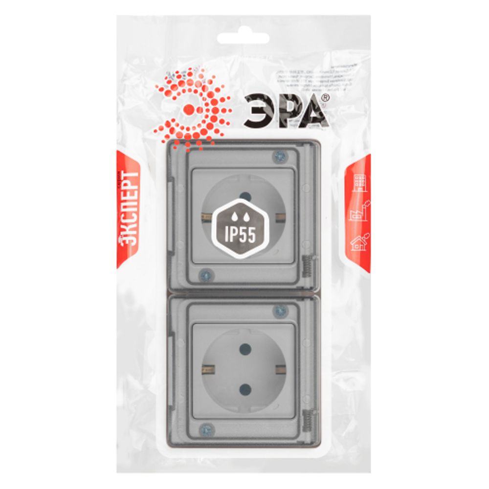 Розетка ЭРА Эксперт 11-2523-01 2х2P+E гориз. IP55, 16A-250В, СУ, белый