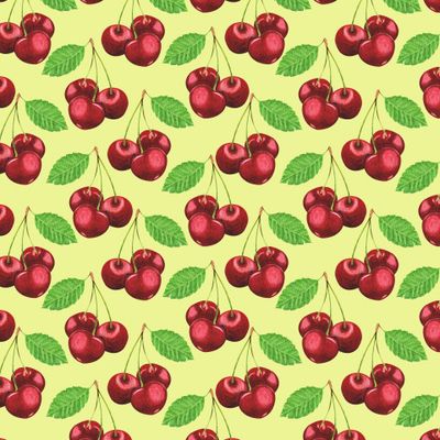 Сочная вишня на желтом фоне. Juicy cherries on yellow background.