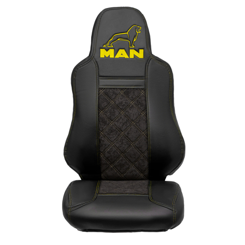 Чехлы MAN TGX, TGS с 2021 года c регулировкой ремня безопасности водителя по высоте  (экокожа, желтая строчка)