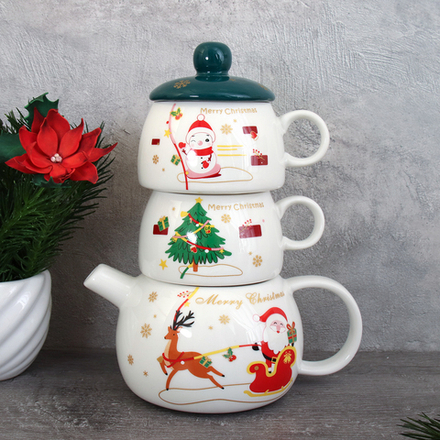 Чайный набор 3 предмета Новый год чайник и 2 кружки/ TFT046-1 /уп 24/новогодний