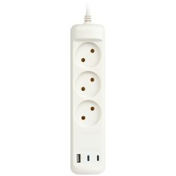 Удлинитель электрический ЭРА U-3-3m-USB-W 3 розетки + 3xUSB A+C 3м 10А белый | Бытовые удлинители