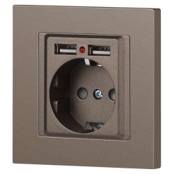 Розетка Intro Accent 6-410-08 с заземлением 2P+E Schuko со шторками 16А-250В + 2хUSB IP20 СУ бронза