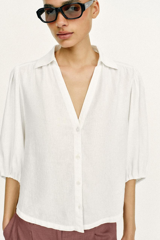 ZARA РУБАШКА ИЗ СМЕСОВОГО ЛЬНА С ОБЪЕМНЫМИ РУКАВАМИ, БЕЛЫЙ