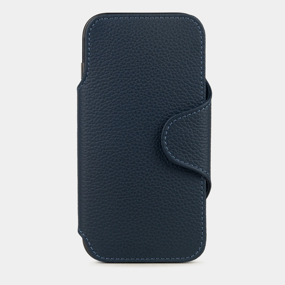 Чехол-книжка для iPhone 17 Pro с картхолдером из кожи теленка, синего цвета