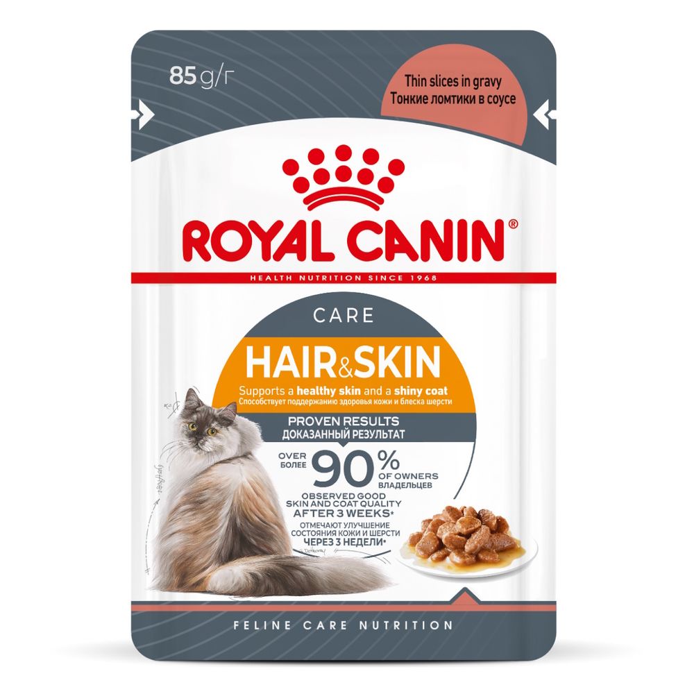 Пауч Royal Canin Hair&Skin Care для взрослых кошек для поддержания здоровья кожи и красоты шерсти, тонкие ломтики в соусе Пауч Royal Canin Hair&Skin Care для взрослых кошек для поддержания здоровья кожи и красоты шерсти, тонкие ломтики в соусе