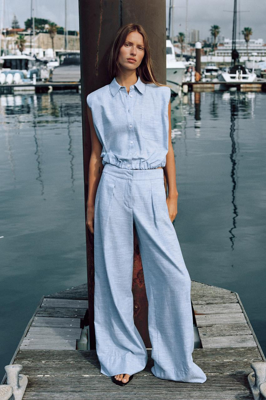 ZARA ШИРОКИЕ БРЮКИ ИЗ ЛЬНА, ГОЛУБОЙ