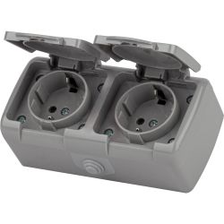 Розетка Intro Atlantic 5-204-03 двойная с заземлением 2х2P+E Schuko шторки, 16А-250В, IP54, открытой установки, серый | Intro