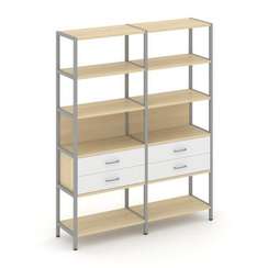 Shelf System Двухсекционный стеллаж пятиярусный с ящиками SN.STM-522 Акация Лорка/Белый/Металл Серый