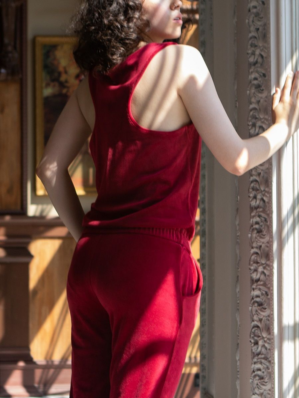 Женский комбинезон из трикотажного бархатного велюра (Размер: M) (Цвет: бордовый)