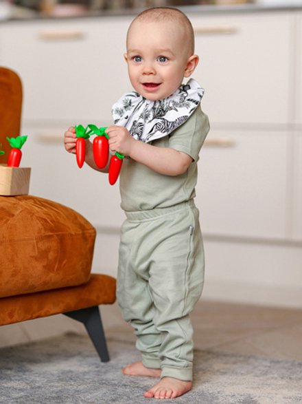 Нагрудник сет из 2х LooJoo Журавли / Серый шелк и Зебры / Шалфей