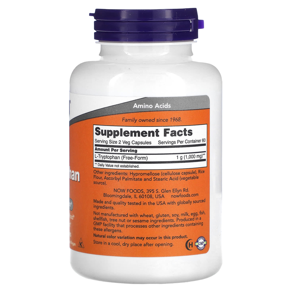 NOW Foods, L-триптофан, 500 мг, 120 вегетарианских капсул