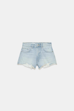 ZARA ДЖИНСОВЫЕ ШОРТЫ TRF С ВЫСОКОЙ ПОСАДКОЙ И РАЗРЫВАМИ, ГОЛУБОЙ